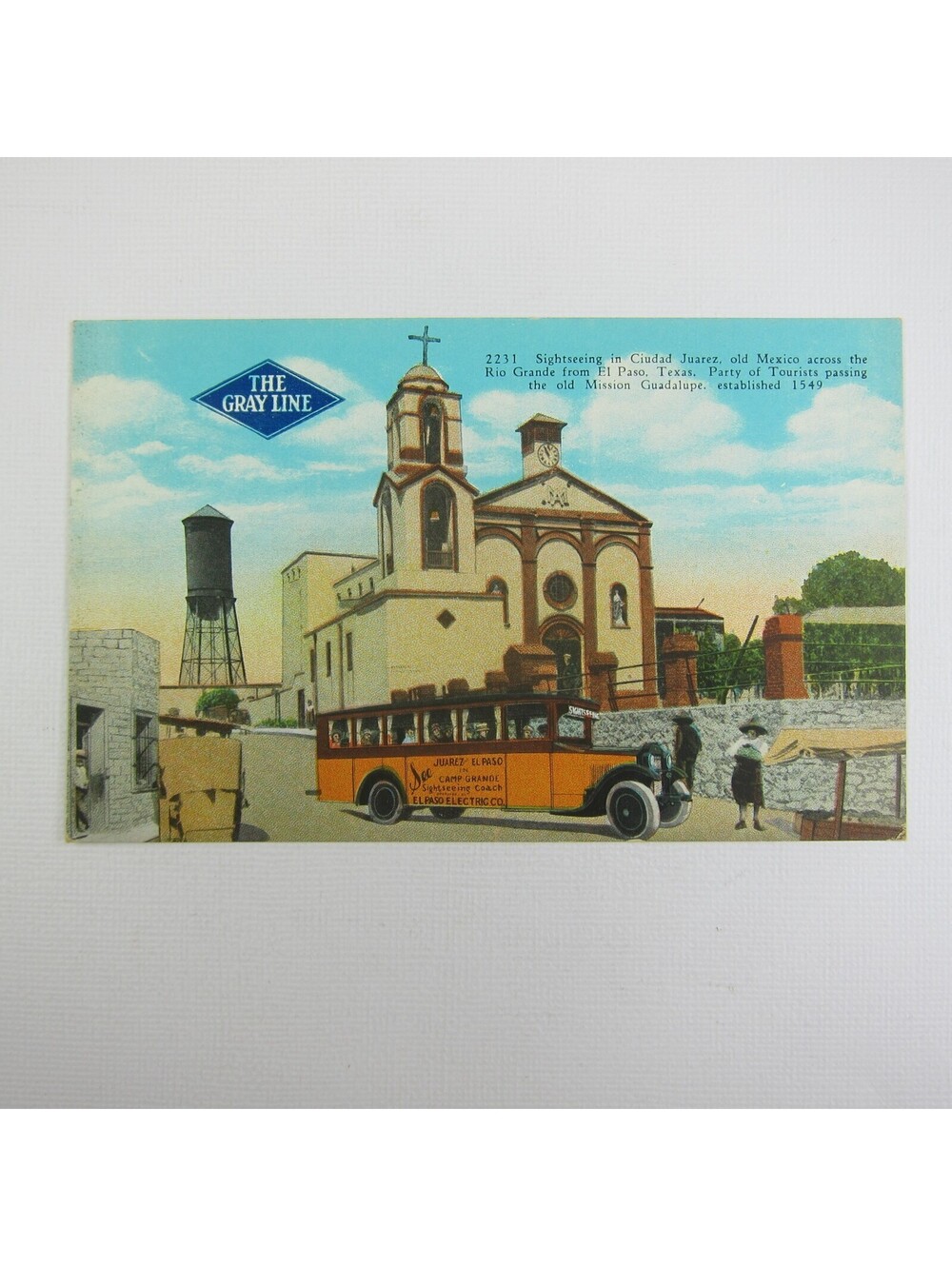 Vintage Postcard Gray Line Electric Bus El Paso Co Sightseeing Juarez Mexico